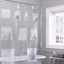 US Waterproof PEVA Vinyl Shower Curtain Liner With Mesh Pockets Shower Organizer
