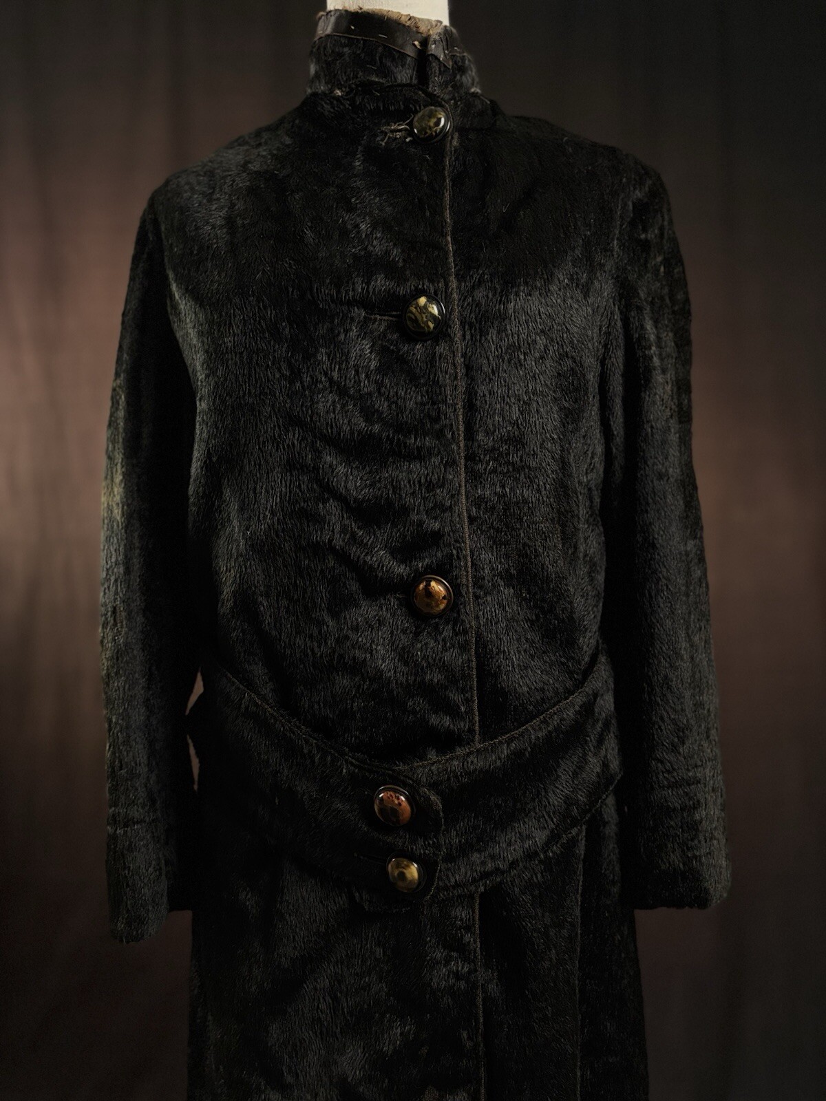 Rara giacca cappotto pelliccia pony nero anni 20 30 fodera seta bottoni celluloide