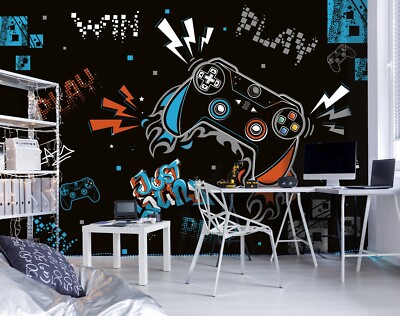 3.12x2.19m Wall mural black gaming room decor wallpaper Teen & kids bedroom