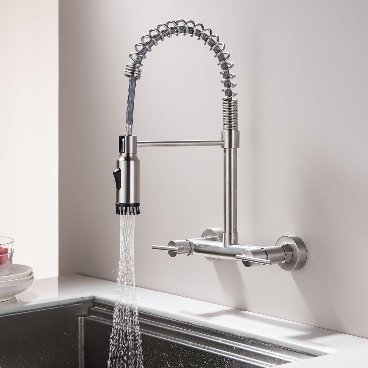 Wall Mount Kitchen Faucet With 3-function Pull Down Sprayer