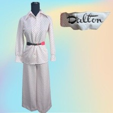 VTG 70's Dalton White pink Gray Patterned Wide Leg pants, L/S Top,  Belt Sz 6