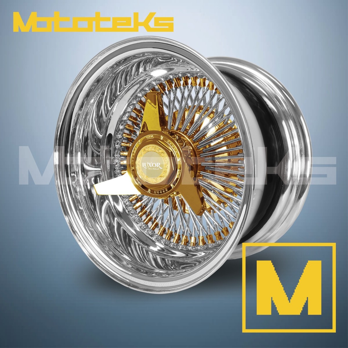 15X7 LUXOR WIRE WHEELS 100 STRAIGHT REV RIM 24K TRIPLE GOLD SINGLE 