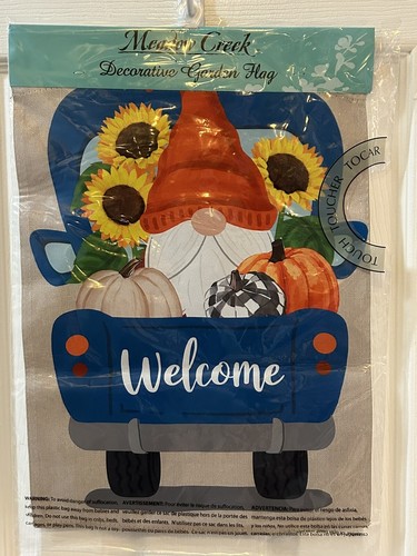 Welcome Fall Garden Flag Blue Pickup Gnome 12.5” x18” Nylon Sunflower Pumpkin