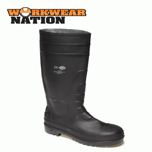Dickies Safety Wellington Boot Size 4-12 Black FREE BEANIE Steel Toe