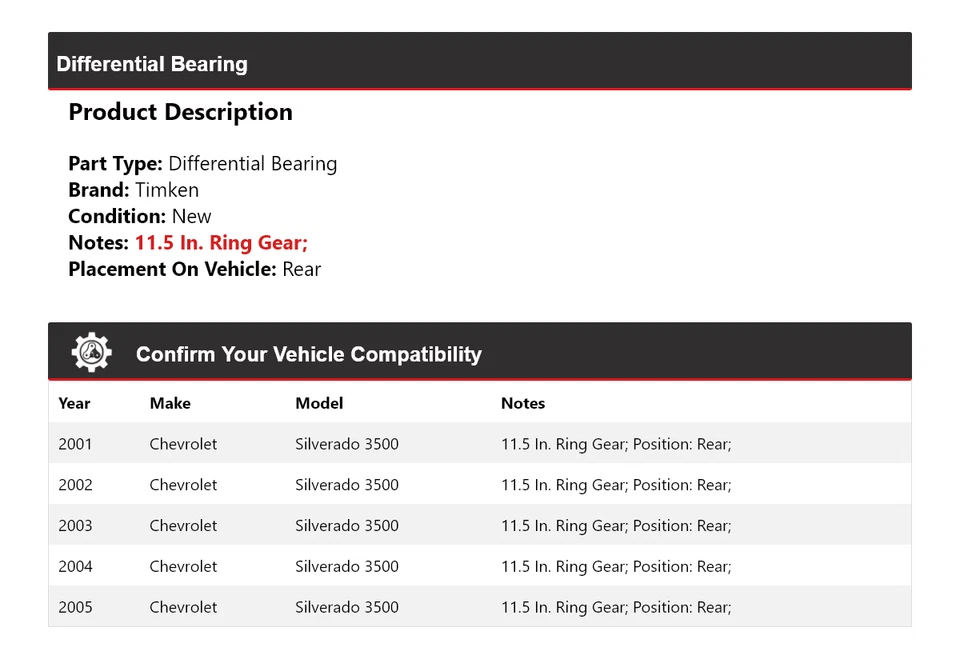 Cojinete diferencial trasero Timken 2002 para Chevrolet Silverado 3500 2001-2005 Foto 2 de 4