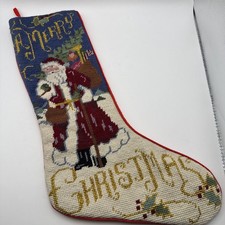 Vintage Old World Santa Christmas Stocking Needlepoint Red Cloth Back Christmas