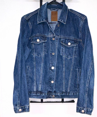 GAP Women s Blue Denim Jacket L Regular Button Front Pockets Point Collar