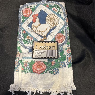 Vtg 3pc Rooster Chicken Roses Pastels Kitchen Hand & Dish Towel -pot Holder NOS