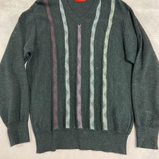 Vintage Knitted Jumper Abstract Patterned V-Neck Grandad Knit Sweater Men's M