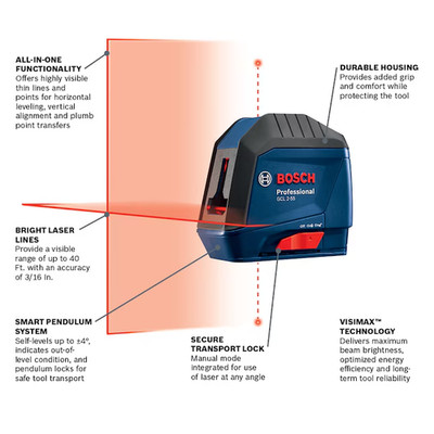 New-BOSCH 40ft/12m Red Self-Leveling Cross-Line Laser Level GCL 2-55