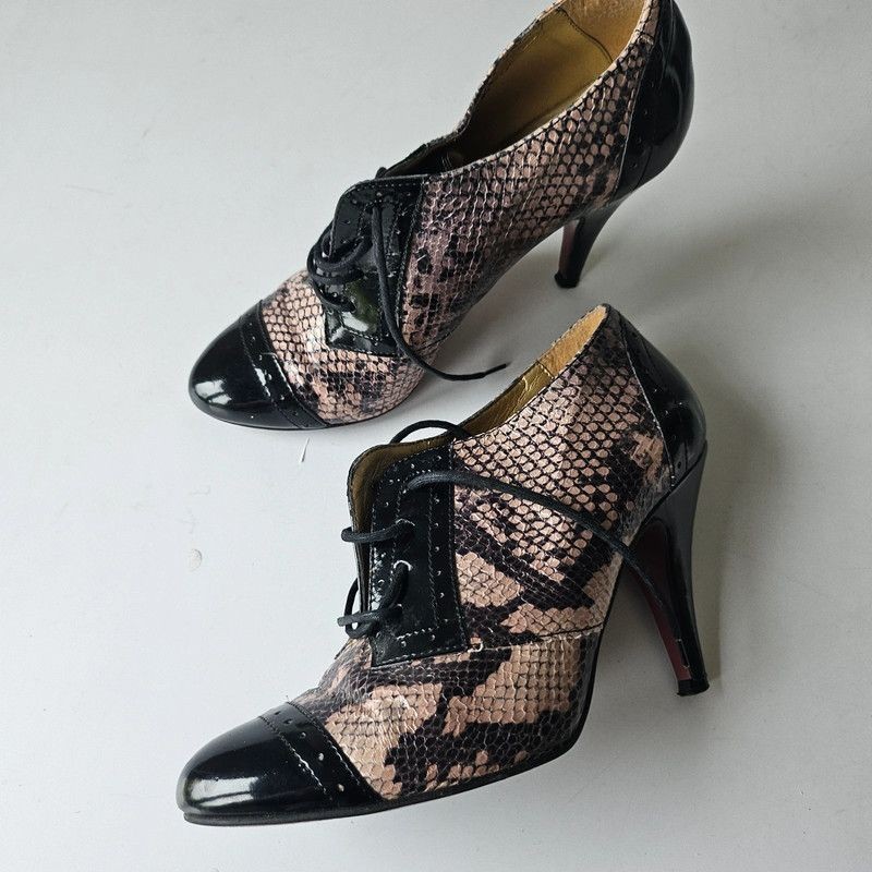 Office booties lace up ankle boots heels black beige faux snakeskin print