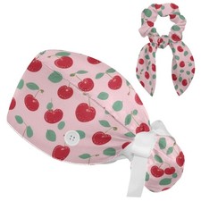 Scrub Caps Women Adjustable Bouffant Surgical Ponytail Pouch Cherry Pink Bow