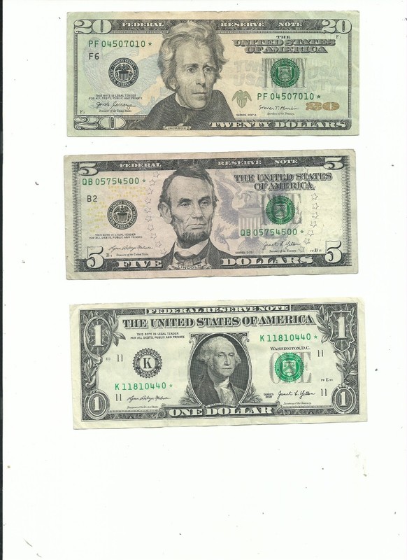 3 Circulated **STAR NOTES** $1, $5 & $20 Dollar Bills As in scan.-FREE SHIPPING!