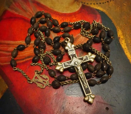 Antique Nun or Priest Rosary With Wooden Beads Silvered Center medal & Crucifix