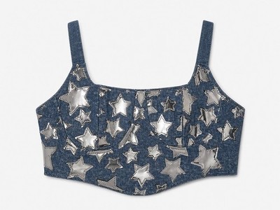 Hot & Delicious Blue Silver Denim Look Corset Top with Star Festival Party
