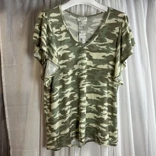 Women's Studio B by Bobeau SS Pullover Top camouflage with ruffle sleeves  1X