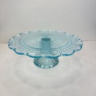 Vintage Pedestal Cake Stand Aqua Blue Green With Scalloped Edges EUC