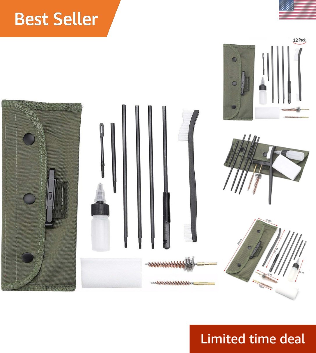 Kit nettoyage armes à feu 12 en 1 avec sac noir compact pour fusils 22LR