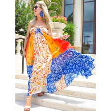 Free People Golden Dreams Strapless Maxi Dress Blue & Orange Floral New Small