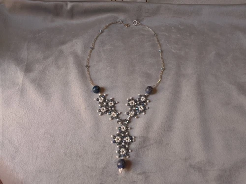 Collana Con Pietre Dure Lapislazzuli Semi Lunga In Cristallo Pattern A Fiori - Bild 8 von 11