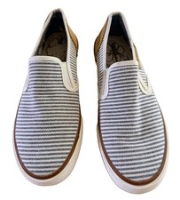 Tommy Bahama Women s Slip On Sneakers Gray Blue/White Stripe Size 7.5 Tan Heel