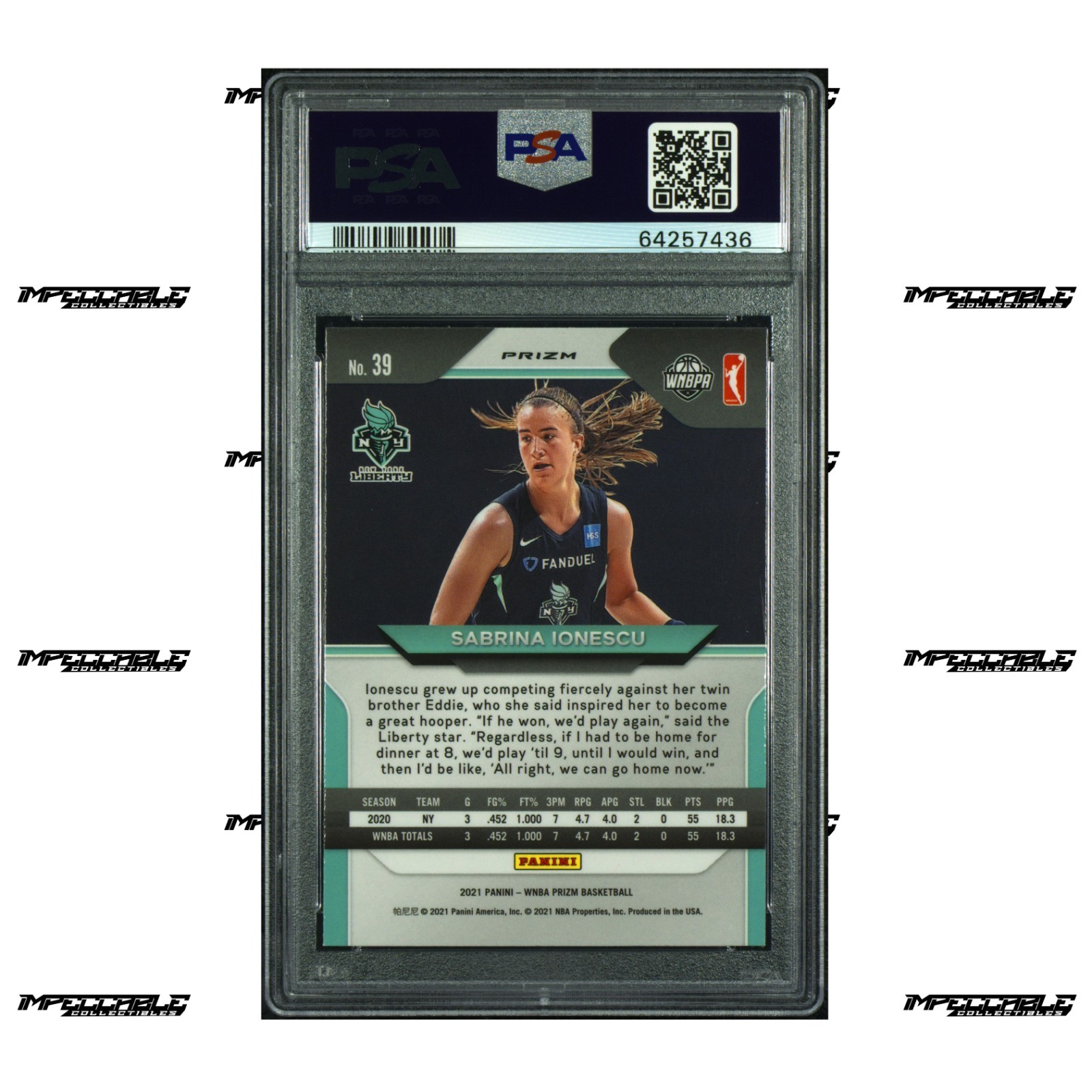 2021 Panini Prizm WNBA - Green Ice Prizm #39 Sabrina Ionescu SP PSA 9 view 2