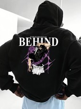 Men'S Anime Graphic Pullover Sweatshirt - Black Hoodie with Bold BEHIND Text  D