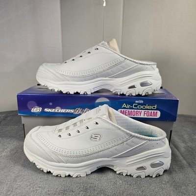 Skechers DLites Bright Sky White Silver Leather Mule Sneaker Clog 11933/WSL 11