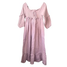 Indie Blue Gauze Smocked Pink Midi Dress Medium Boho Romantic Feminine Coastal