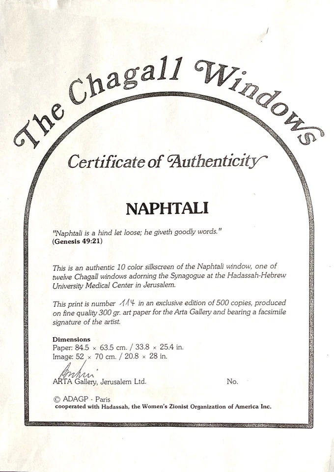 Marc Chagall Naphtali Fenster GROßER ORIGINAL SIEBDRUCK limitiert nummeriert - Bild 3 von 3
