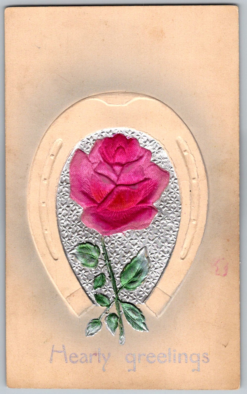 Antique Postcard Embossed Pink Rose Horseshoe 1910s