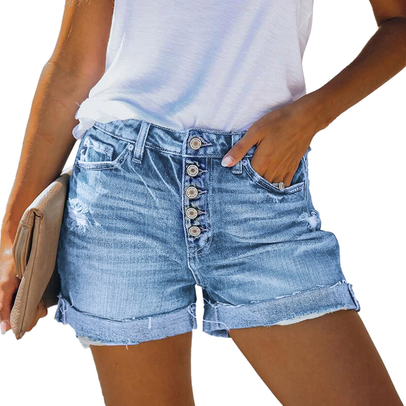 Pantaloncini donna casual invecchiati elasticizzati vita alta fila singola bottoni Muti DTS