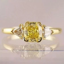 2 Ct Cushion Lab Created Canary Diamond Three Stone Ring 14K Yellow Gold Plated