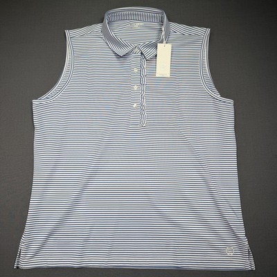 Tory Sport Polo Shirt Mens XL Blue Surf Pinstripe Sleeveless Ruffle Performance