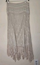 Crochet Midi Skirt Oatmeal w gauze sz L Boho Peasant Beach Cottagecore Fairy
