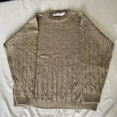 Vintage Eric Rhodes Sweater Mens XL Beige Cable Knit Crewneck Pullover Made USA