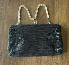 Walborg Black Beaded Evening Purse w Metal Chain Strap - Vintage Made In Korea