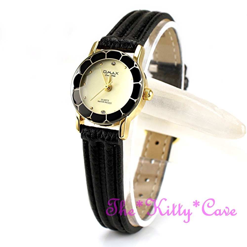 Omax Seiko Movt Cut Glass Mineral Slim Gld Plt Black Leather Swiss Watch 8N8056