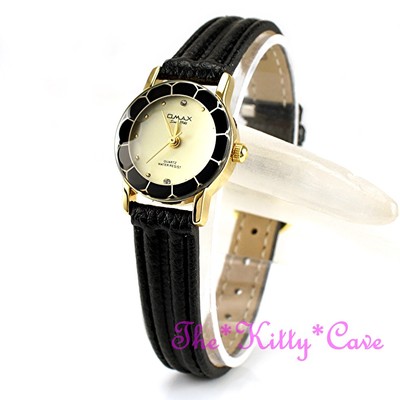 Omax Seiko Movt Cut Glass Mineral Slim Gld Plt Black Leather Swiss Watch 8N8056