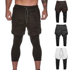 Men 2 in 1 Compression Shorts Phone Pocket Athletic Tight Pant Legging Sport S