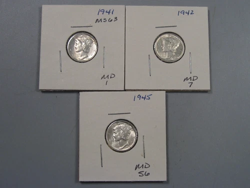 3 Different BU Silver Mercury Dimes: 1941, 1942, 1945.  #15