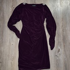 Ralph Lauren Dress Size 6 Evening Long Split Sleeve Purple Ruched Rhinestone