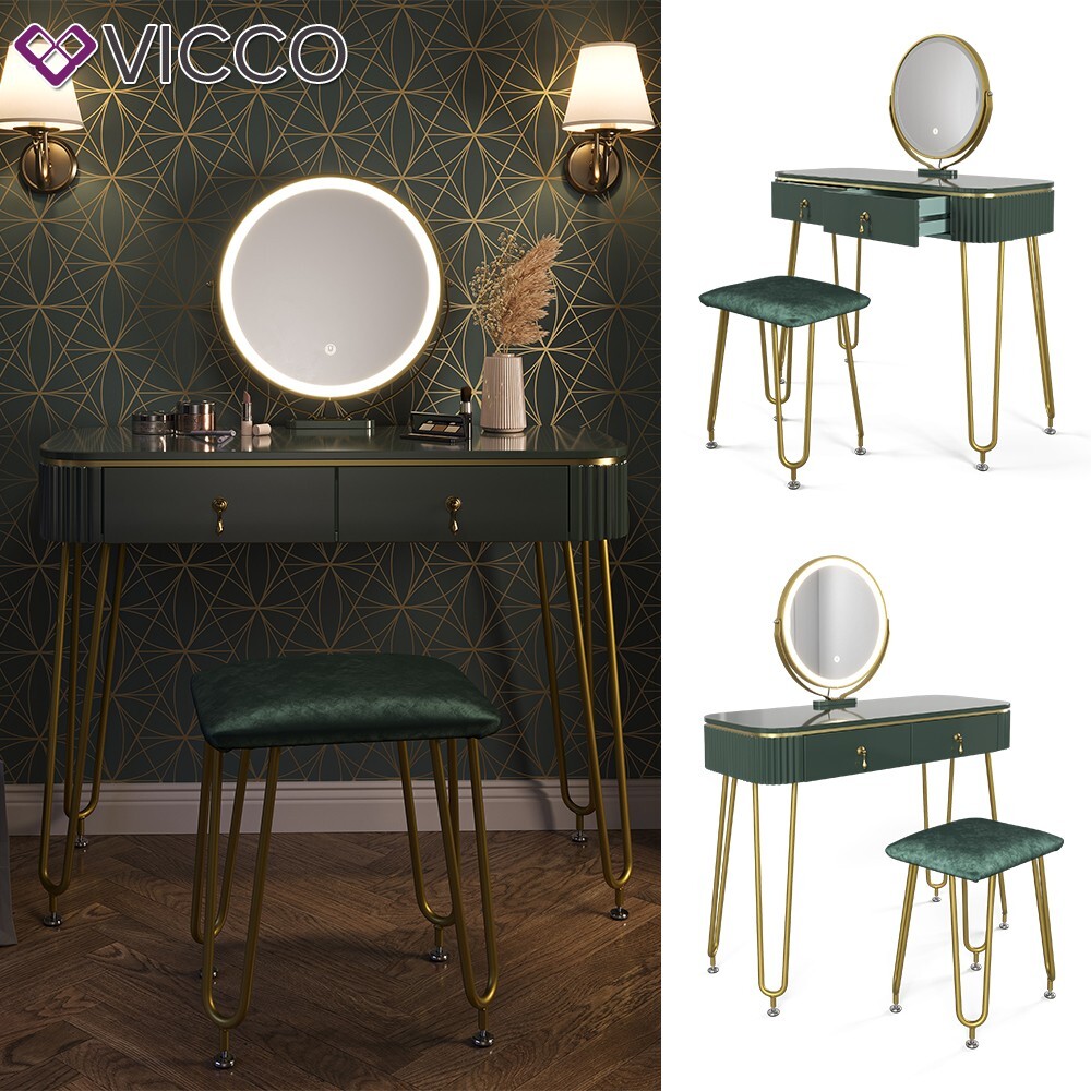 CPARTS Ensemble de Coiffeuse de Chevet avec Pieds en métal, Table Ronde, Miroir de Maquillage Rond à LED et Tabouret de Maquillage (Vert 60 cm