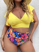 Women's Ruffle Sleeve Crop Top  Tropical Print Bottom Swimsuit - 3XL US 18 