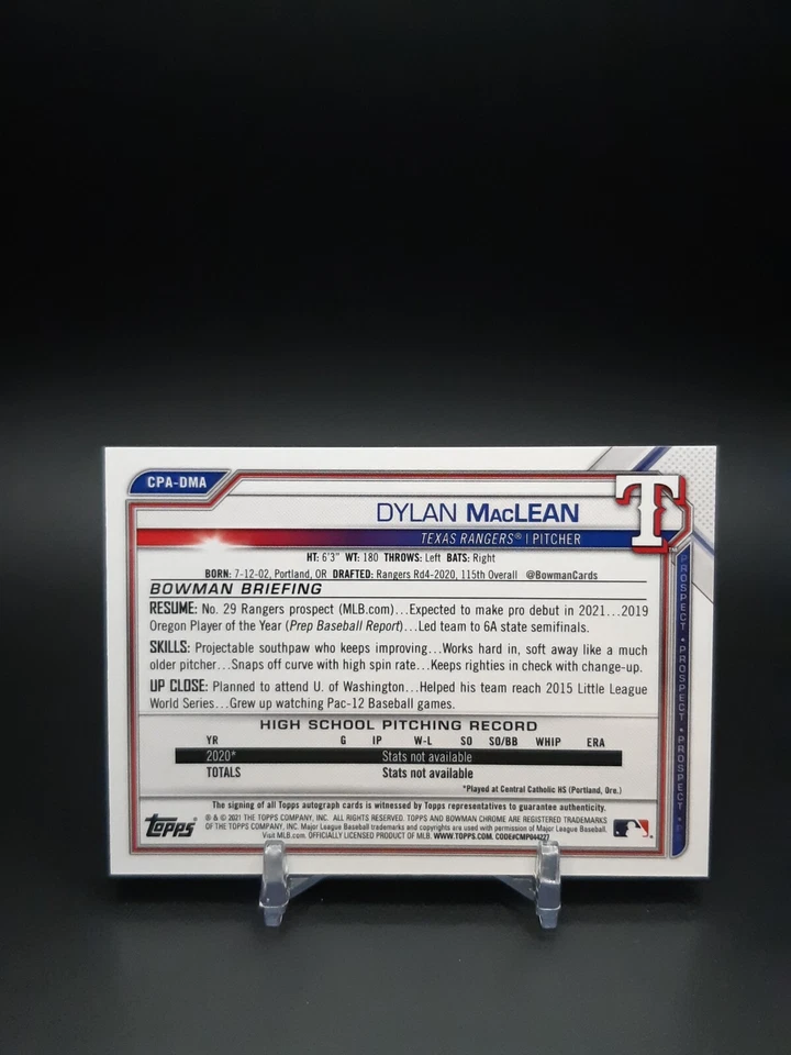 2021 Bowman Chrome Prospects Auto Dylan MacLean #CPA-DMA Auto - Image 2 of 2
