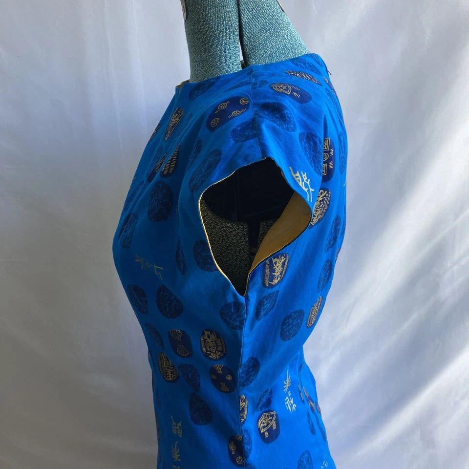 Vestido Vaina Vintage Años 60 Azul Dorado Motivo Asiático Cóctel Oriental Largo De Colección Foto 4 de 4