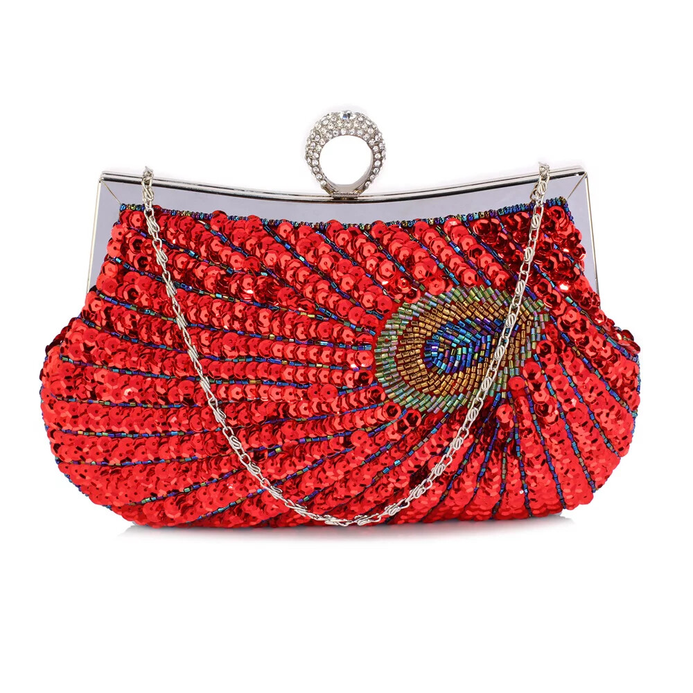 Bolso sin asas con diseño de plumas de pavo real Bolso de mano de noche Bolso de boda Baile de graduación Fiesta Bling Cartera