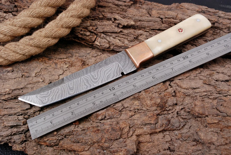 HAND FORGED DAMASCUS STEEL TANTO POINT HUNTING KNIFE & BONE HANDLE+SHEATH AH2005 - Image 4 of 4