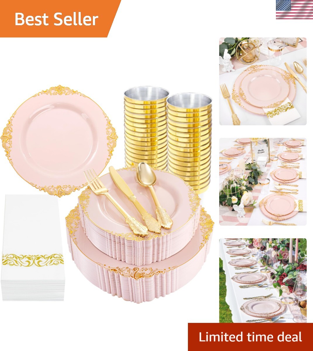 350PCS Pink Plastic Plates - Pink Plastic Dinnerware Sets for 50 Guests - 100...