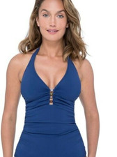 NEW Profile by Gottex Murano V-Neck Halter Tankini Swim Top Size 8 Navy